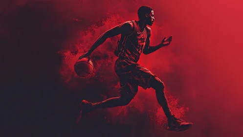 Dynamic basketball player leaps through bold red energy haze