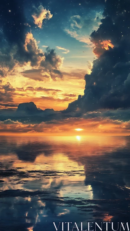 Celestial seascape merges sunset horizon with starfield sky