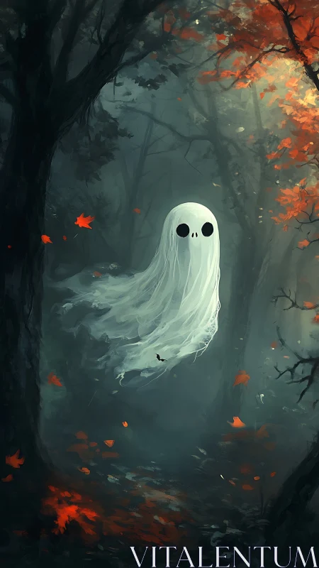 White ghost figure in misty autumn forest with red leaves.