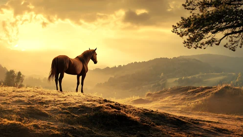 Solitary horse standing on a hill at golden sunset light.
