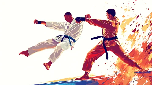 Dynamic karate duel with explosive modern paint strokes.