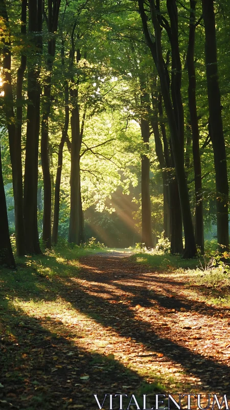 Arboreal Tunnel with Crepuscular Light Penetration and Dappled Shadow Geometry.