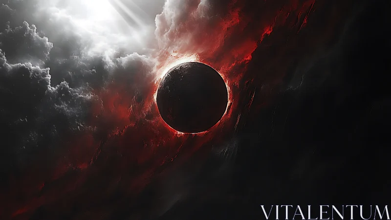 Lunar silhouette bisects crimson nebular eclipse environment