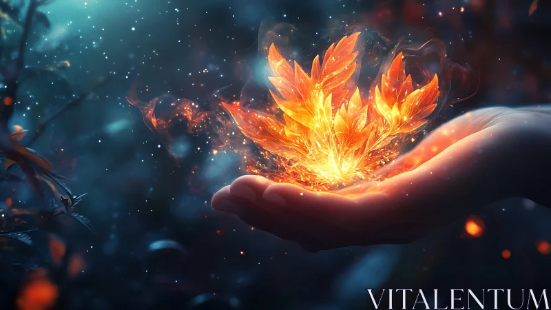 Luminous Flower Bloom Held in Palm Against Cosmic Atmosphere.