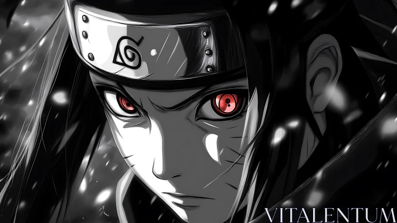 Crimson eyed shinobi glows in storm lit monochrome fury.