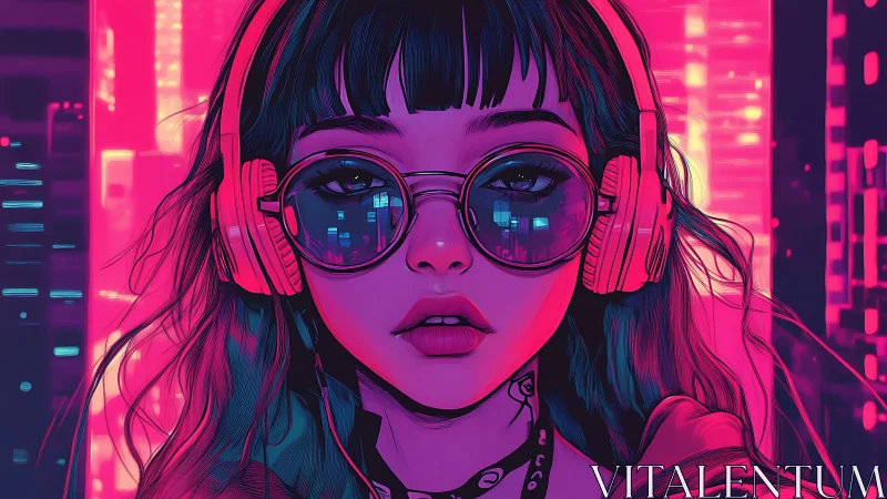 Neon city girl listens deeply beneath glowing cyber lights