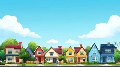 Colorful suburban street with neat row of family houses.