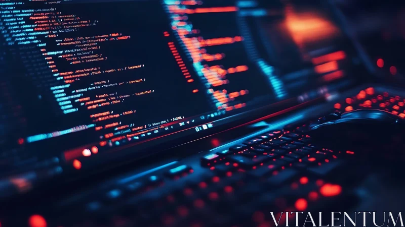 Ultrawide monitor code interface with neon cyber lighting.