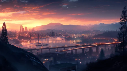 Sunset city skyline over river bridges and glowing traffic.