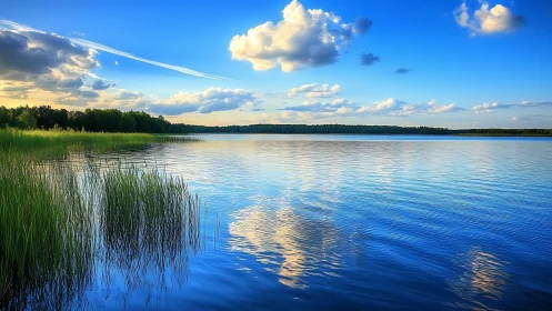 Soft blue lake evening with drifting clouds and quiet reeds.