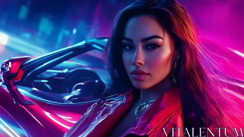 Neon-lit woman beside sleek sports car at night street.