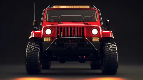 Red off-road SUV front view with rugged lighting setup.