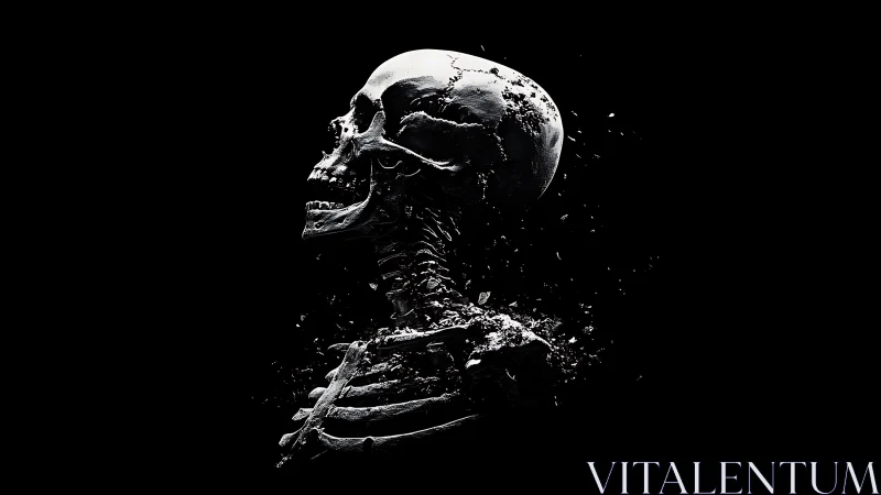 Crumbling skeletal profile dissolves into dark negative space