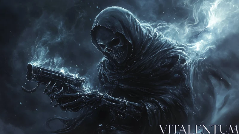 Grim reaper with smoky pistol in moody midnight mist.