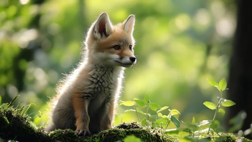 Young red fox kit in backlit forest environment, shallow depth