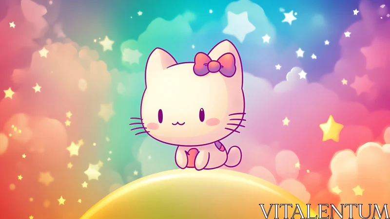 Cartoon kitten sits on glowing hill under pastel star sky
