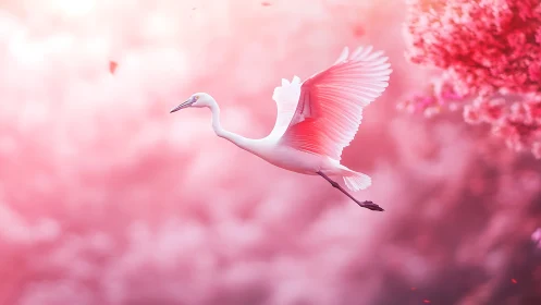 Elegant white egret in flight with dreamy pink background.