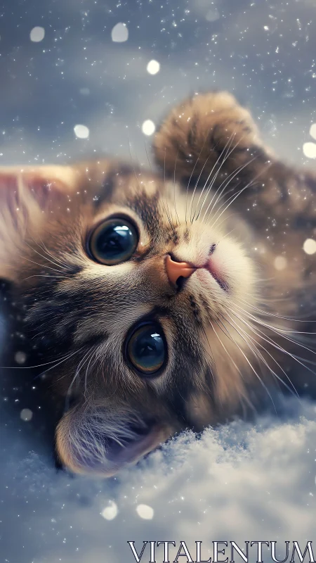 Feline head positioned upward in snow with crystalline particles