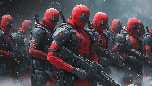Paramilitary red-suited clones advancing through snowfield formation.