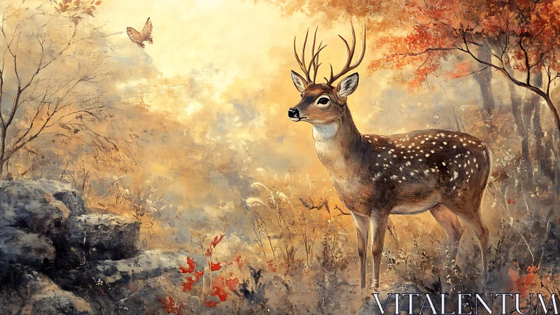 Autumn woodland stag in luminous atmospheric watercolor field.
