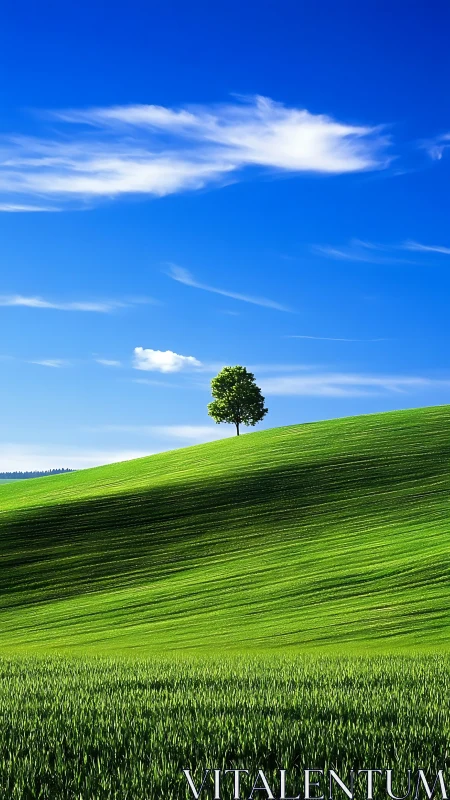 Solitary tree on sloped green field under clear blue sky.