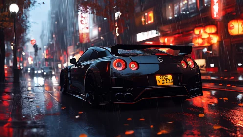 Rain-slicked skyline mirrors a midnight supercar’s crimson glow