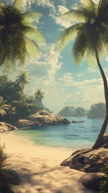 Tropical Beach with Palm Trees and Rocky Coastline.