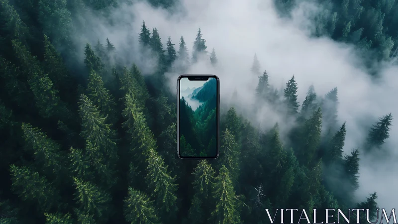 Smartphone Floating in Misty Forest Landscape.