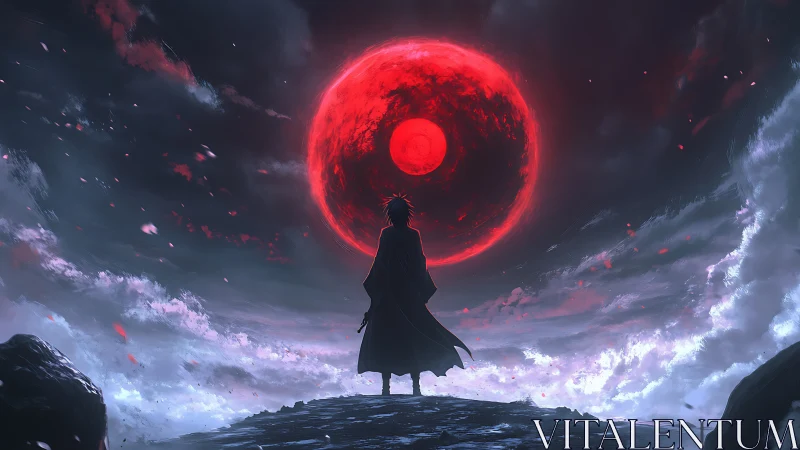 Silhouetted figure observing large red moon in stormy sky.