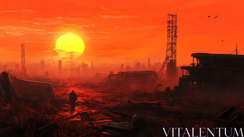 Crimson sunset welcomes a lone wanderer into the silent ruins