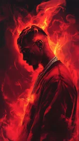 Silhouetted man in red flames with intense dramatic lighting.