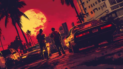 Neon city sunset stroll with muscle cars and tall palms.