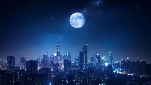 Moonlit city skyline wrapped in calm midnight blue glow.