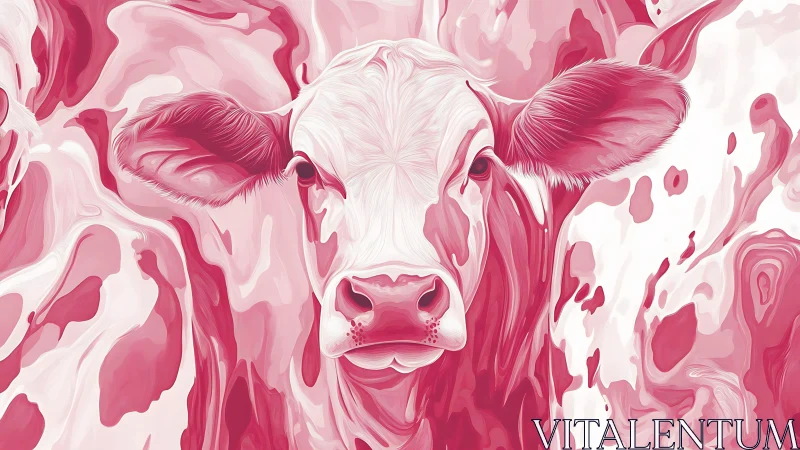 Crimson bovine portrait in swirling abstract marbling.