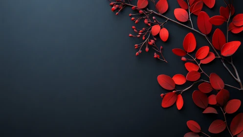 Red leaves branch on dark minimalist background, side composition.