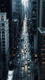 Rain-soaked city avenue with glowing evening traffic.