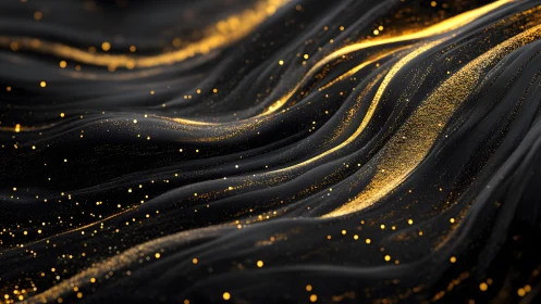 Abstract black waves with shimmering gold particles, digital art.