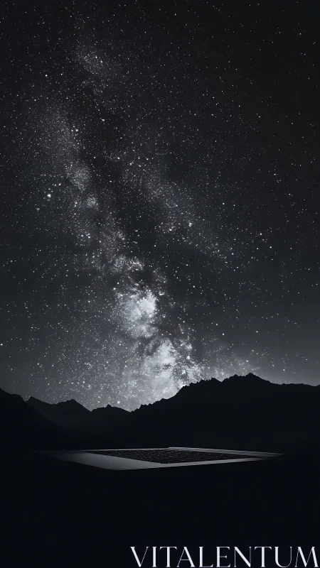 Starlit laptop altar beneath a roaring Milky Way sky.