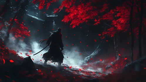 Solitary swordsman walks through red forest under mist