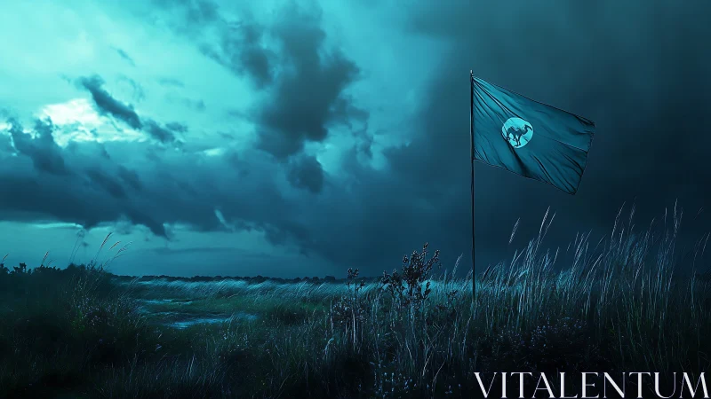 Storm-lit frontier flag whispering over windswept twilight plain.