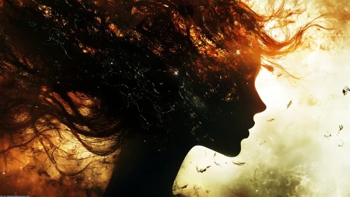 Silhouetted female profile with nebular, flame-like flowing hair
