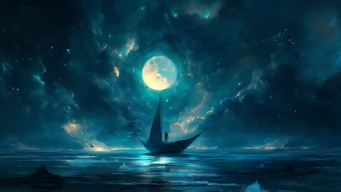 Lunar-illuminated microboat under turbulent nebular sea sky.