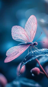 Macro view of pink winged insect resting on wet leaf.