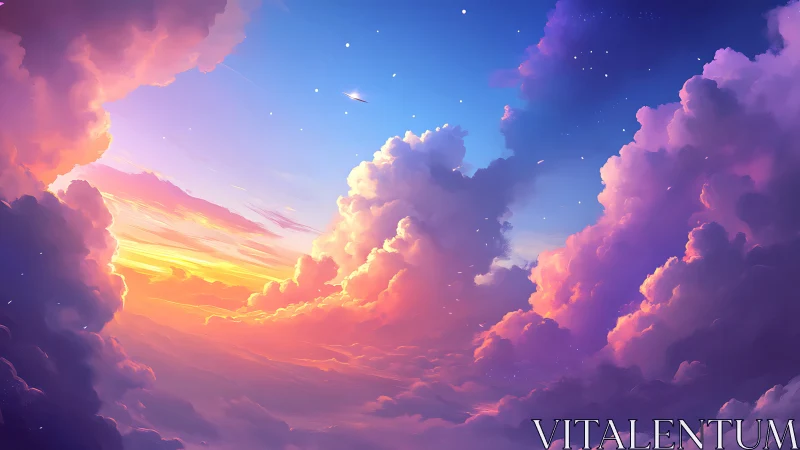 Digital sky illustration with colorful sunset cloudscape.