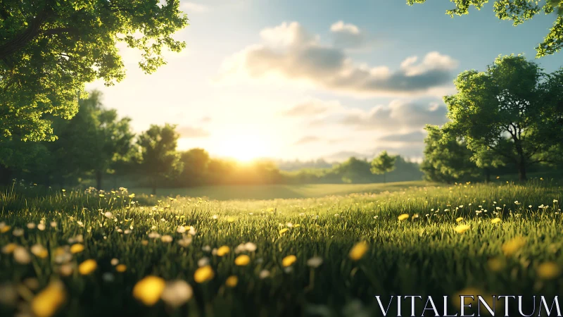 Sunlit meadow shows low-angle view of grass and trees at dawn