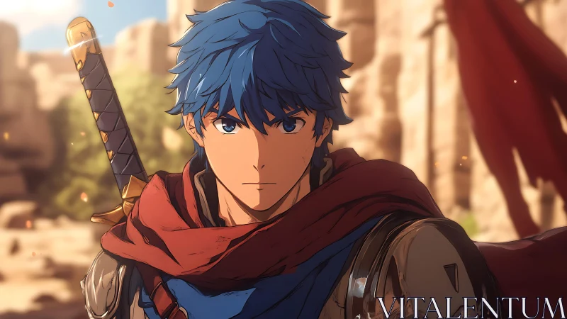 Blue-haired desert swordsman studies silence before battle