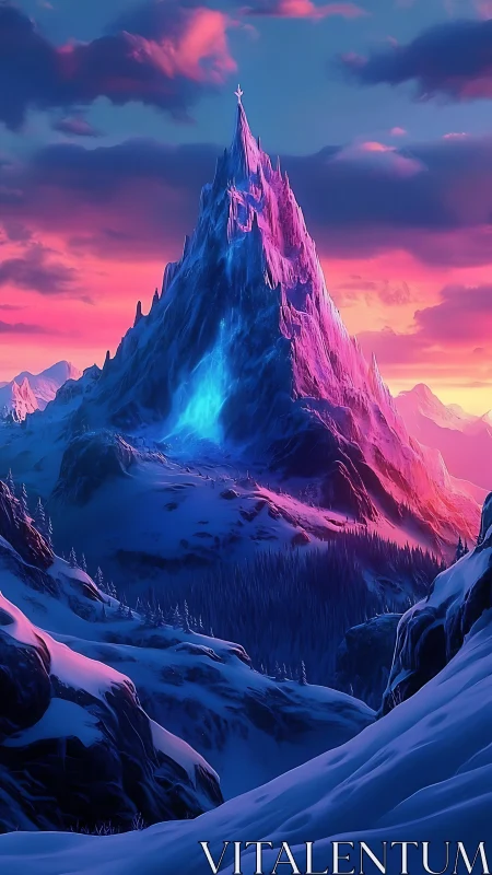 Glacial peak glows under saturated magenta and cyan twilight