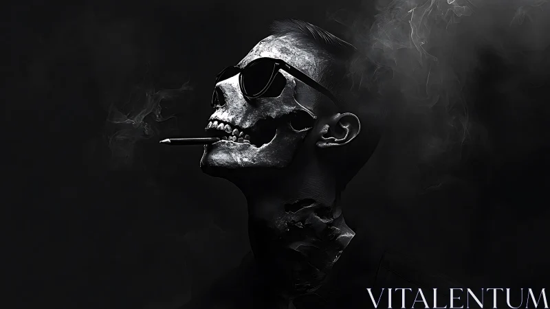 Smoldering skull-headed figure exhales smoke in darkness.