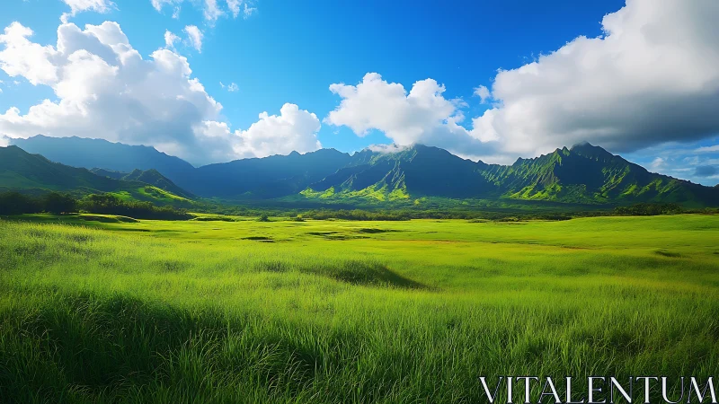 Green valley plain with distant mountain ridge under clouds.
