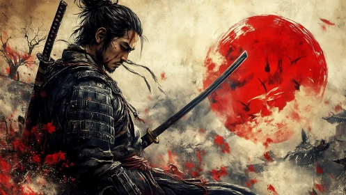 Digital painting of lone samurai before abstract red sun.